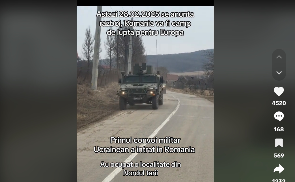 Fake news pe Tik Tok: ''Un convoi militar anunţă că armata Ucrainei a ocupat un oraș din România''